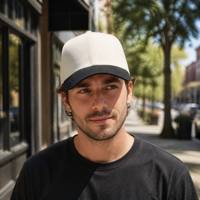 Casquette de baseball bicolore six panneaux structurée avec fermeture snapback, sangle réglable, en sergé de coton, visière pré-courbée, logo personnalisé, vente en gros