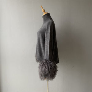 Maglione da Donna Casual Personalizzabile con Collo Alto, Pullover Ampio Autunnale con Polsini Rimovibili in Vera Pelliccia Mongola, 100% <span class=keywords><strong>Lana</strong></span> Lavorata a Maglia - Product Image 3