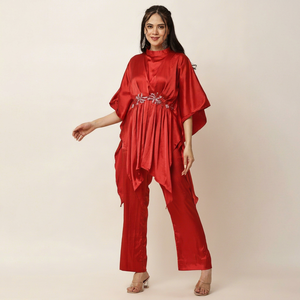 Elegant Red Satin Empire <b>Kaftan</b> look Cord Set with Embroidery Asymmetric Design High Neck Cap Sleeve with Beads work - Product Image 1