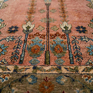 Tapis noué à la main Oushak rose et vert, abstrait, en laine/soie, adapté aux animaux domestiques, antidérapant, très résistant, à poils fins et moyens, en coton - Product Image 3