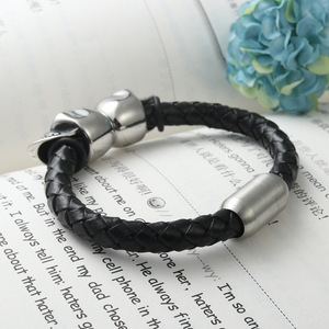 Titanium Steel Skull <b>Bracelet</b> Black Woven <b>Leather</b> Band Fashion Jewelry for Men and Women - Product Image 2