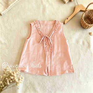 Conjunto de Verão para Meninas em Linho Sem Mangas, 2 Peças, Com Gola de Renda, Simples, Fofo, Leve e Respirável - Product Image 2