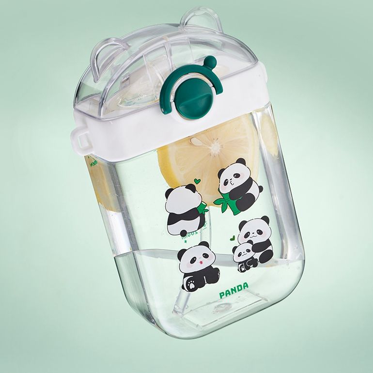 Cartoon Panda Portable 470ml Square Children's Outdoor School Kids Plastic Straw Water Bottle With Strap