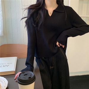 Women's Ribbed Polo Collar Knit Top Apricot Long Sleeve Solid Color Sweater Autumn Winter Inner Layer High End Base Layer - Product Image 3