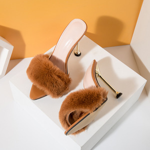Tendenza moda nuovo vero coniglio capelli ferro tacco a punta Super tacco alto scarpe sandali da donna per le signore - Product Image 6