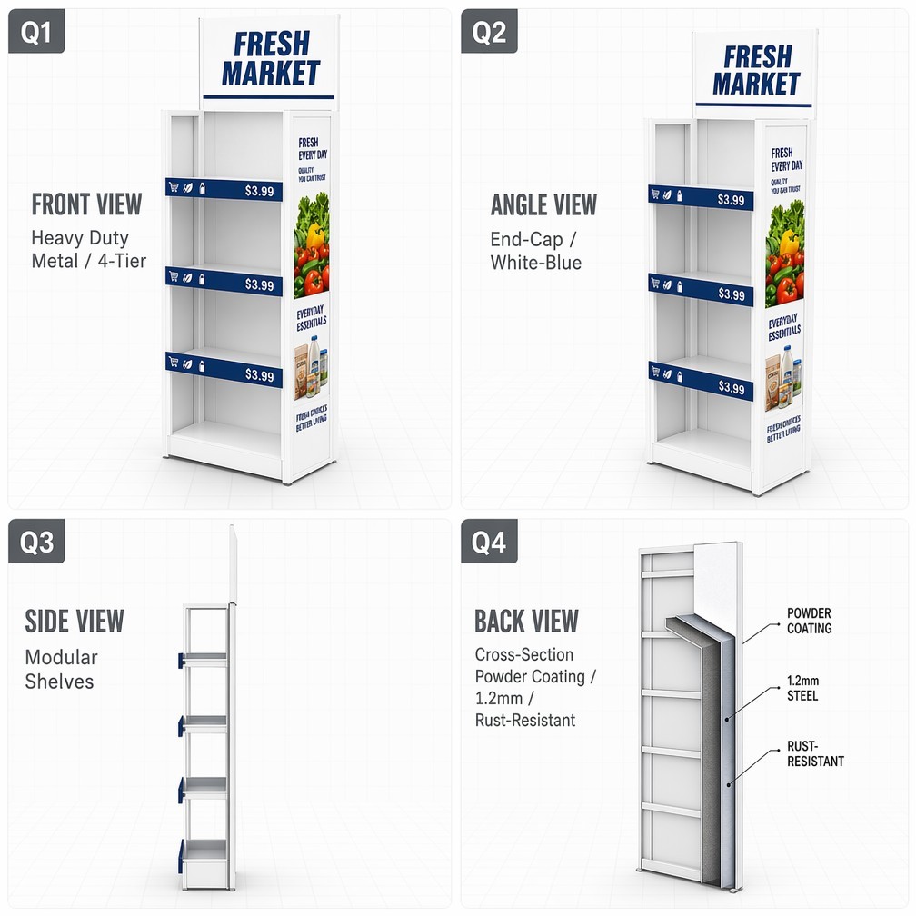 Apache Custom Grocery Display Rack 4-Way 4-Tier Metal Aisle Merchandiser Knock Down End-Cap Stand for Supermarket & Retail Store — view 3