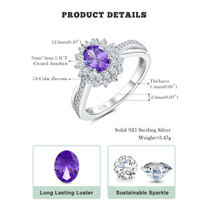 Anillo de Plata de Ley 925 Sólida con Amatista de Corte Ovalado de 1.1CT, Halo de Circonitas Cúbicas 5A y Banda Trenzada, Joyería de Piedras Preciosas para Boda y Compromiso - Product Image 2