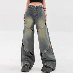 Unique Deconstructed Loose Wide-Leg <b>Jeans</b> <b>Women</b> American High Street Heavyweight Hollow Floor-Length <b>Vintage</b> Design Long - Product Image 1