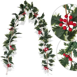 Christmas Garland Holly Leaves and Red Berries Winter Garland 5.75 FT Artificial Greenery Garland Holiday Decoration A511