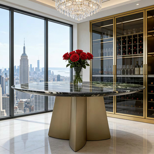 Mesa de Comedor Redonda de Mármol Natural Italiano de Alta Gama con Base de Acero Inoxidable Moderna para Uso en el Hogar o Restaurante - Product Image 4