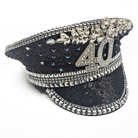 Casquette de capitaine noire scintillante faite à la main avec lettres en strass et sequins, personnalisable pour fête d'anniversaire