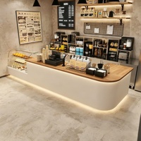 Meja Bar Kombinasi Kayu dan Batu Bergaya Rustic Modern dengan Lampu LED Ambient untuk Konter Resepsionis Kedai Kopi, Kue, Roti, dan Bakery