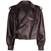 Veste en cuir véritable pour femme, en peau de mouton véritable, marron foncé, courte, pour l'automne