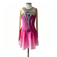 Costume de patinage artistique rose dégradé, maille à manches longues, jupe à strass pour adultes et enfants, spectacle de danse sur glace