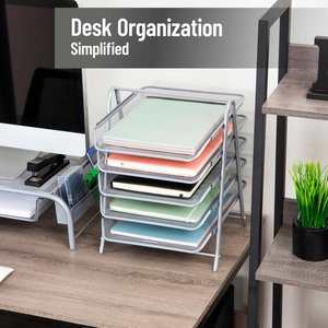 Metal Desk Organizer with 5 Sliding Trays for Letters and <b>Files</b> Holder 5 Tier Paper Tray Desktop <b>File</b> Storage Office Silver - Product Image 2