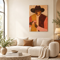 Peinture sur toile de portrait de homme en bonnet de cowboy, avec cône de gelato, gilet en acajou moutarde et manches saumon, peinte à la main