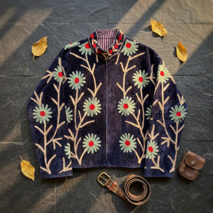 Chaqueta Bomber de Mujer, Color Azul Marino, Tejido de Terciopelo, Cuello Mao, Bordado Floral, Transpirable, Exterior de Algodón, Forro de Lana - Product Image 6
