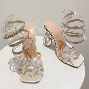 Sandales d'été pour femmes à brides croisées à la cheville, ornées de diamants, chaussures habillées scintillantes, escarpins uniques à talons hauts circulaires - Product Image 5