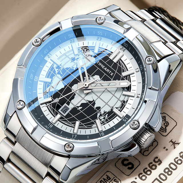 TIMEARTX Men Quartz Watch Stainless Steel Waterproof Watch Luminous Sports Watch World Map Design Dial Chronograph Watch TA-5130