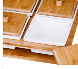 Porcelain Breakfast Set with 6 Stand and Lid <strong>Square</strong> <strong>Dessert</strong> Bowl 6 Grid Ceramic Bowl with Wooden <strong>Tray</strong> OEM - Product Image 2