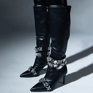 Big Diamonds Embellished Side Zipper Women's Knee High <b>Boots</b> Pointed Toe Cross Straps Long Booties Gold Stiletto Heels - Product Image 2