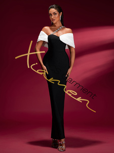 Robe de soirée maxi élégante en laine imprimée respirante à panneaux blancs et noirs pour femmes, livraison directe MF - Product Image 3