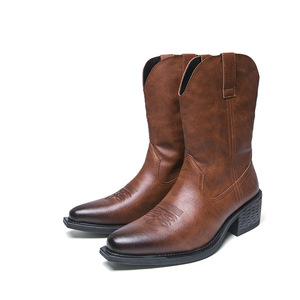 รองเท้าบูทหนังหัวแหลมแฟชั่นปี 2026 รองเท้าบูทคาวบอยสไตล์อเมริกัน รองเท้าบูททรงอัศวิน รองเท้าหุ้มข้อสูงลำลองสำหรับผู้ชาย - Product Image 5