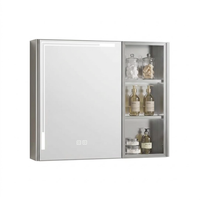 Armoire de salle de bain en acier inoxydable avec miroir, double porte, étagère à ouverture à droite et rebord LED inférieur pour décoration commerciale