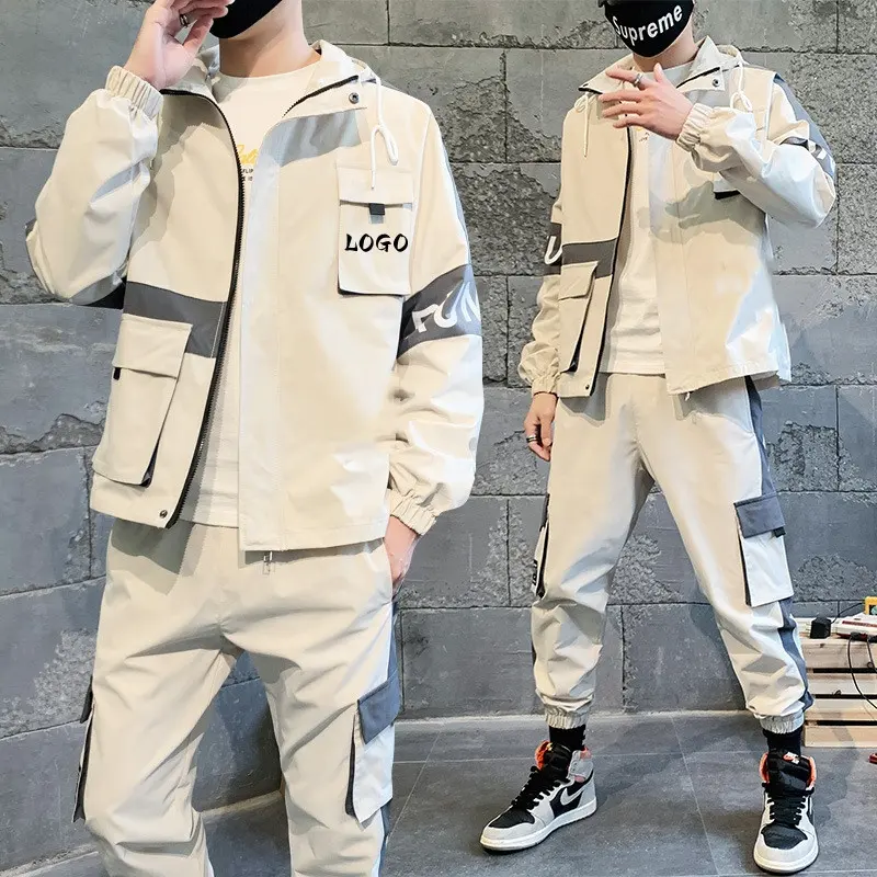 Street Wear windbreaker tracksuits for men 2 Piece Track Suit Fashion Patchwork Cargo Pockets Tracksuit Men