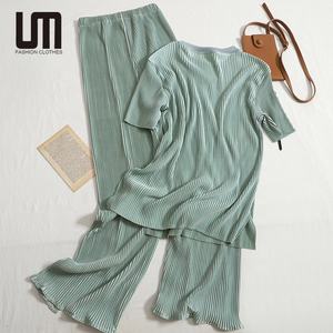 OEM 新款女式夏季两件套 - 纯色百褶短袖衬衫和宽松裤套装，休闲装 - Product Image 2