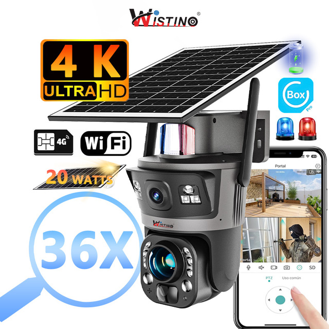 Wistino 20W 4G Solar Panel Camera 4K 36X Zoom Night Vision Detection Wireless Home Security Real Time Ubox Solar CCTV Camera