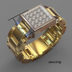 Anello creativo a forma di cinturino per orologio da uomo, design scintillante con intarsi, gioielli alla moda hip hop - Product Image 5