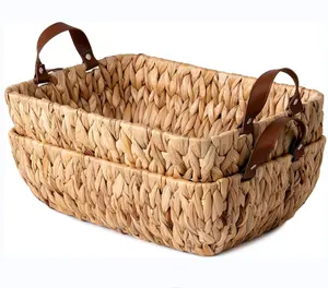 Wicker Basket Water Hyacinth Handwoven Baskets for Bathroom Organizing Towel Storage Baskets with Faux Leather Handles