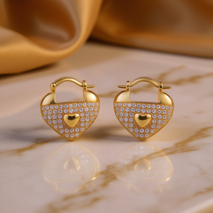 E4486 Orecchini a Cerchio a Forma di Cuore in Oro con Incastonatura di Cristalli e Strass per Donne, Romantici per l'Uso Quotidiano - Product Image 2