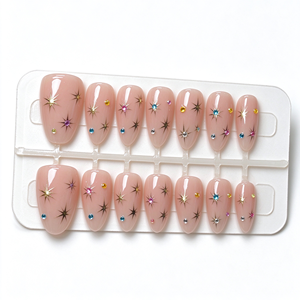 <span class=keywords><strong>Uñas</strong></span> Postizas Almendradas 24 Piezas <span class=keywords><strong>Color</strong></span> <span class=keywords><strong>Rosa</strong></span> Nude <span class=keywords><strong>con</strong></span> Pedrería Dorada en Forma <span class=keywords><strong>de</strong></span> Estrella, <span class=keywords><strong>Uñas</strong></span> Adhesivas Reutilizables - Product Image 2
