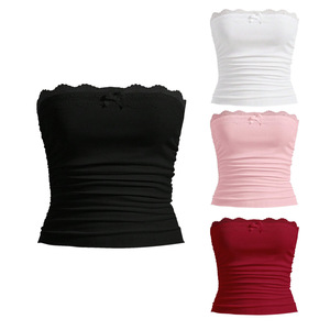 Peeqi, venta al por mayor, Tops cortos informales para mujer para verano, nuevo corsé plisado, Color sólido, <span class=keywords><strong>Camiseta</strong></span> corta <span class=keywords><strong>de</strong></span> retazos <span class=keywords><strong>de</strong></span> <span class=keywords><strong>encaje</strong></span> sin <span class=keywords><strong>tirantes</strong></span> para - Product Image 2