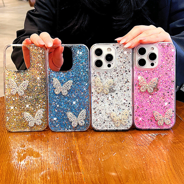 INS High Gloss TPU Shockproof Phone Case with Phone Grip Compatible with for 16 for 15 Pro Max 13/14/11 Pearl Butterfly