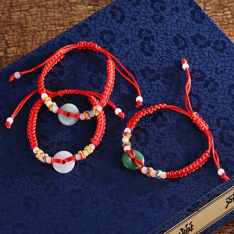 Gelang giok imitasi zodiak tali merah dapat disesuaikan buatan tangan gelang gesper perdamaian kepribadian gaya etnik grosir