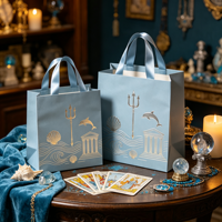 Sac de shopping écologique haut de gamme avec logo personnalisé imprimé, poignées en ruban, style inspiré de la mythologie