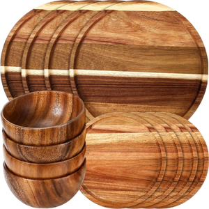 Juego de vajilla de madera, platos redondos, estilo chino tradicional, duradero, apto para lavavajillas, juego para 4 personas, platos redondos de madera - Product Image 1