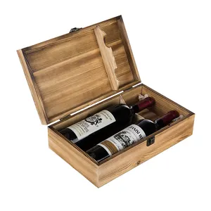 Dark Torched Wood Double Bottle Wine Case Wood Gift Box with Top Rope Handle and Hinged Lid Wooden Wine Bottle Storage Packaging