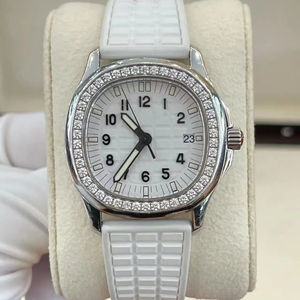 Montre mécanique automatique blanche personnalisée de haute qualité avec bracelet en caoutchouc, cadran blanc et lunette sertie de diamants pour femmes - Product Image 1
