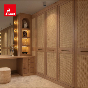 Allandcabinet Boho Rattan Closet <strong>Wardrobe</strong> with Rectangular Cane <strong>Insert</strong> Panels and Walnut Wood Grain Laminate Frame - Product Image 1