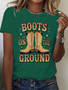 T-shirts décontractés à manches courtes pour femmes avec des imprimés de <span class=keywords><strong>bottes</strong></span> rétro de style occidental en gros pour l'été - Product Image 5
