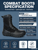 Bottes tactiques d'extérieur en cuir pleine fleur noir imperméable avec doublure en mesh, semelle intermédiaire en EVA et semelle extérieure en caoutchouc, marque OEM
