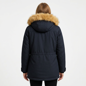 Winter Woolen Parka <b>Fur</b> <b>Trim</b> Hood Thick Warm Coat Full Sleeve Solid Color Zipper Closure Casual Outerwear Polyester High Quality - Product Image 3