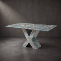Table à manger moderne de luxe avec motif en marbre bleu, plateau en pierre artificielle, base en X, mobilier de salle à manger haut de gamme pour la maison et l'hôtel, personnalisable