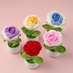 Silk Knitting Weaving Artificial Rose Handmade Crochet Potted Desktop Car Decoration Valentine's Day Gift Bouquet