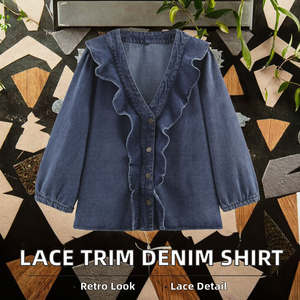 Chemise en jean pour femme avec volants, manches trois quarts, coupe ample, décontractée, haut de printemps en coton délavé, couleur unie - Product Image 2