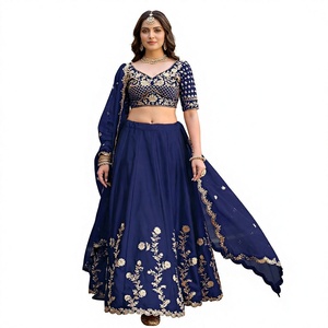 Lehenga Choli traditionnel bleu marine avec broderie dorée pour femmes, tenue de mariage Inde Pakistan, robe longue en polyester - Product Image 1